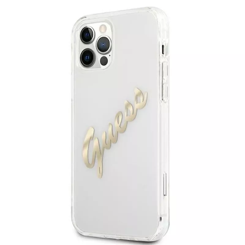 GUESS Vintage Script Gold pevné puzdro na Apple iPhone 12 Pro Max - transparentné