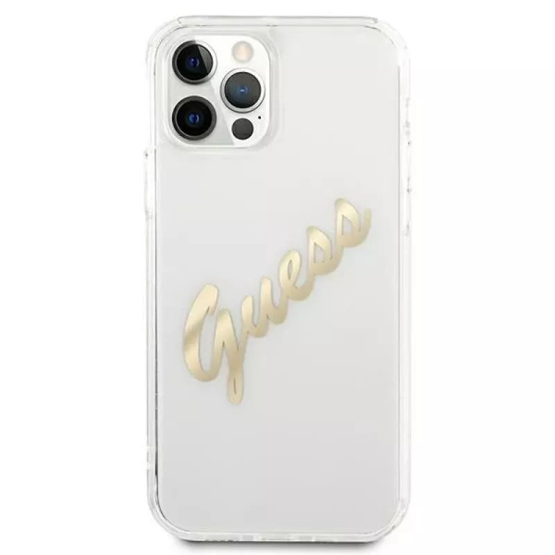 GUESS Vintage Script Gold pevné puzdro na Apple iPhone 12 Pro Max - transparentné