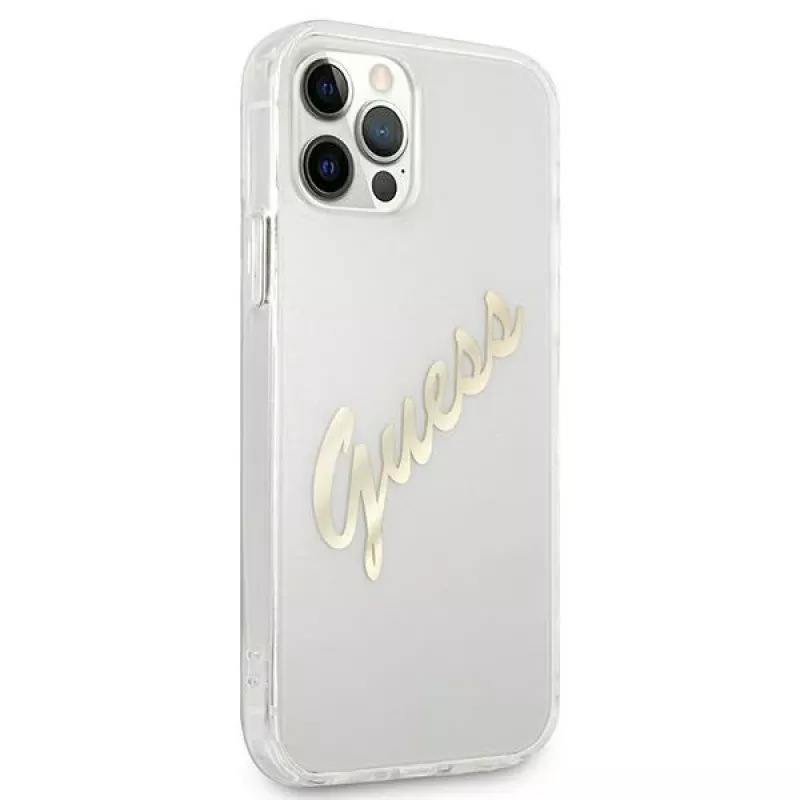 GUESS Vintage Script Gold pevné puzdro na Apple iPhone 12 Pro Max - transparentné