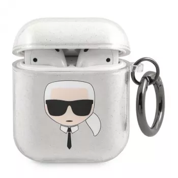 Karl Lagerfeld KLA2UKHGS puzdro na AirPods 1/2 strieborné trblietavé Karl's Head