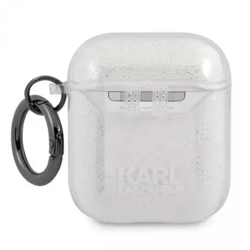 Karl Lagerfeld KLA2UKHGS puzdro na AirPods 1/2 strieborné trblietavé Karl's Head
