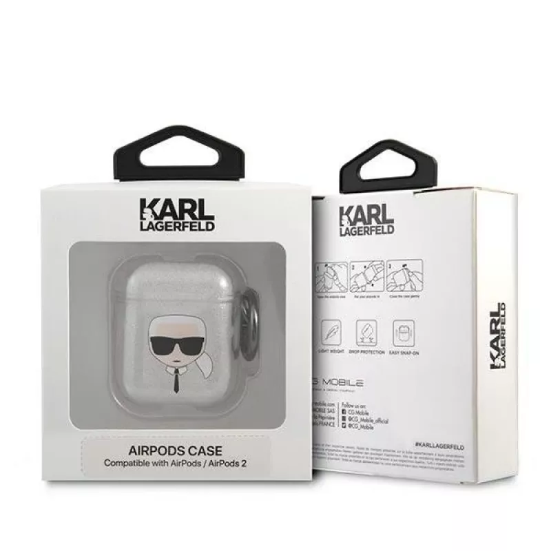 Karl Lagerfeld KLA2UKHGS puzdro na AirPods 1/2 strieborné trblietavé Karl's Head