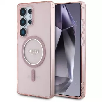 GUESS Glitter Circle Classic Logo MagSafe puzdro na Samsung Galaxy S25 Ultra - ružové