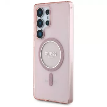 GUESS Glitter Circle Classic Logo MagSafe puzdro na Samsung Galaxy S25 Ultra - ružové