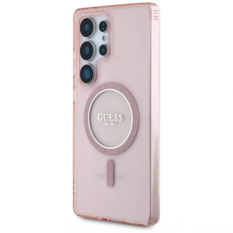 GUESS Glitter Circle Classic Logo MagSafe puzdro na Samsung Galaxy S25 Ultra - ružové
