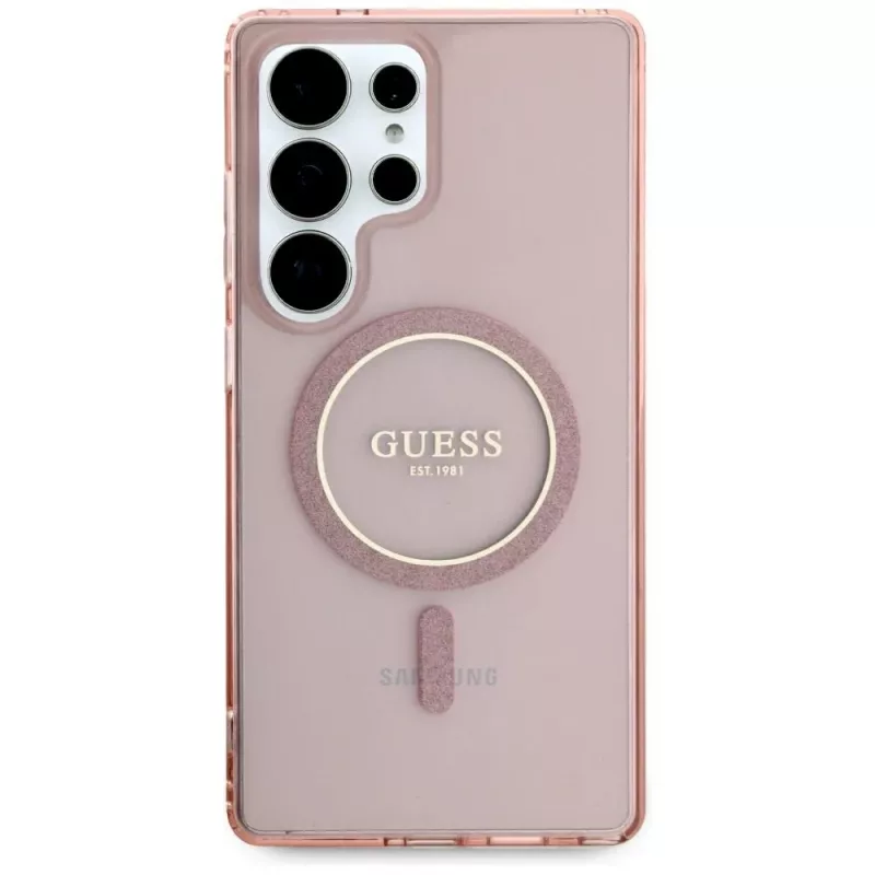 GUESS Glitter Circle Classic Logo MagSafe puzdro na Samsung Galaxy S25 Ultra - ružové