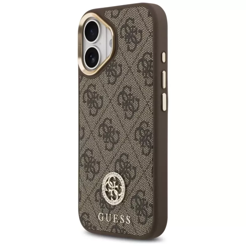 GUESS 4G Strass Logo & Big Strap Metal Buttons MagSafe puzdro na iPhone 17 - hnedé
