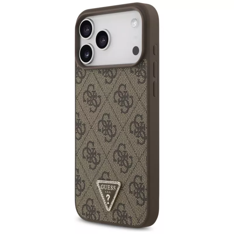 GUESS kožené 4G Triangle Strass MagSafe puzdro pre iPhone 18 Pro Max / 17 Pro Max - hnedé