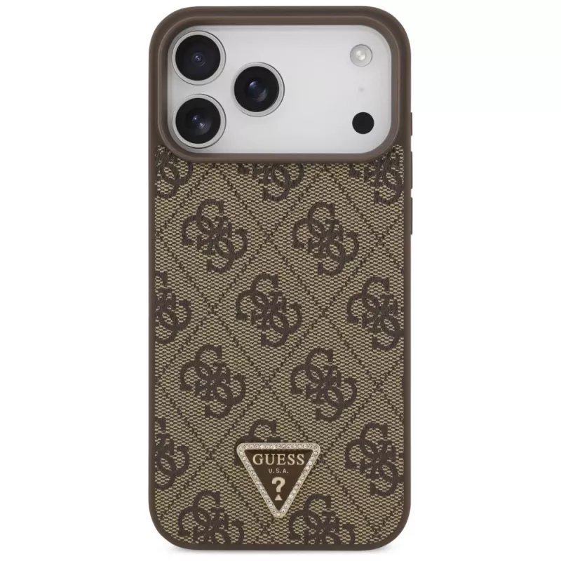 GUESS kožené 4G Triangle Strass MagSafe puzdro pre iPhone 18 Pro Max / 17 Pro Max - hnedé