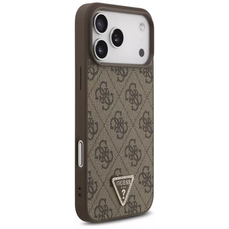 GUESS kožené 4G Triangle Strass MagSafe puzdro pre iPhone 18 Pro Max / 17 Pro Max - hnedé