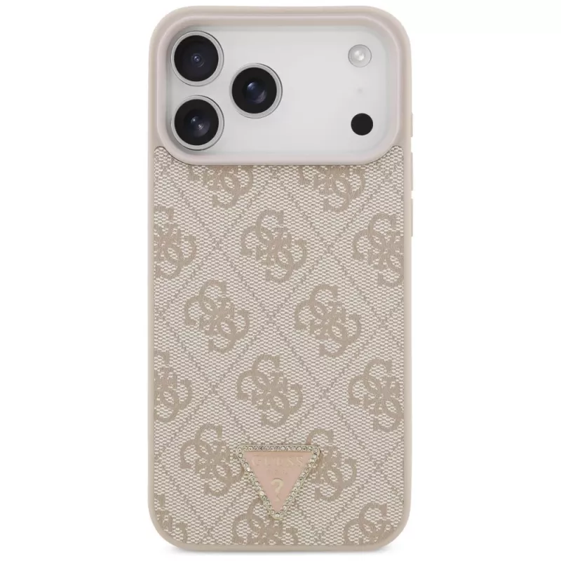 GUESS kožené 4G Triangle Strass MagSafe puzdro pre iPhone 18 Pro Max / 17 Pro Max - ružové