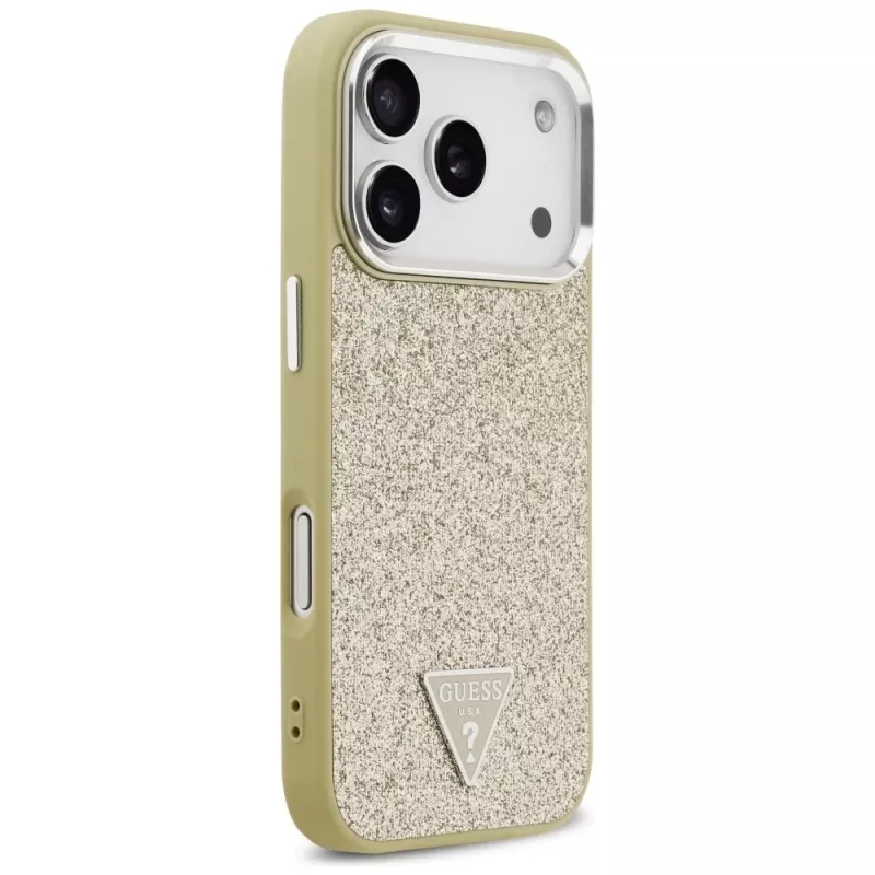 GUESS Glitter Triangle Logo MagSafe puzdro pre iPhone 17 Pro - zlatá