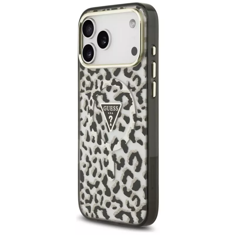 GUESS IML Leopard Glitter Triangle Logo MagSafe puzdro pre iPhone 18 Pro Max / 17 Pro Max - čierna