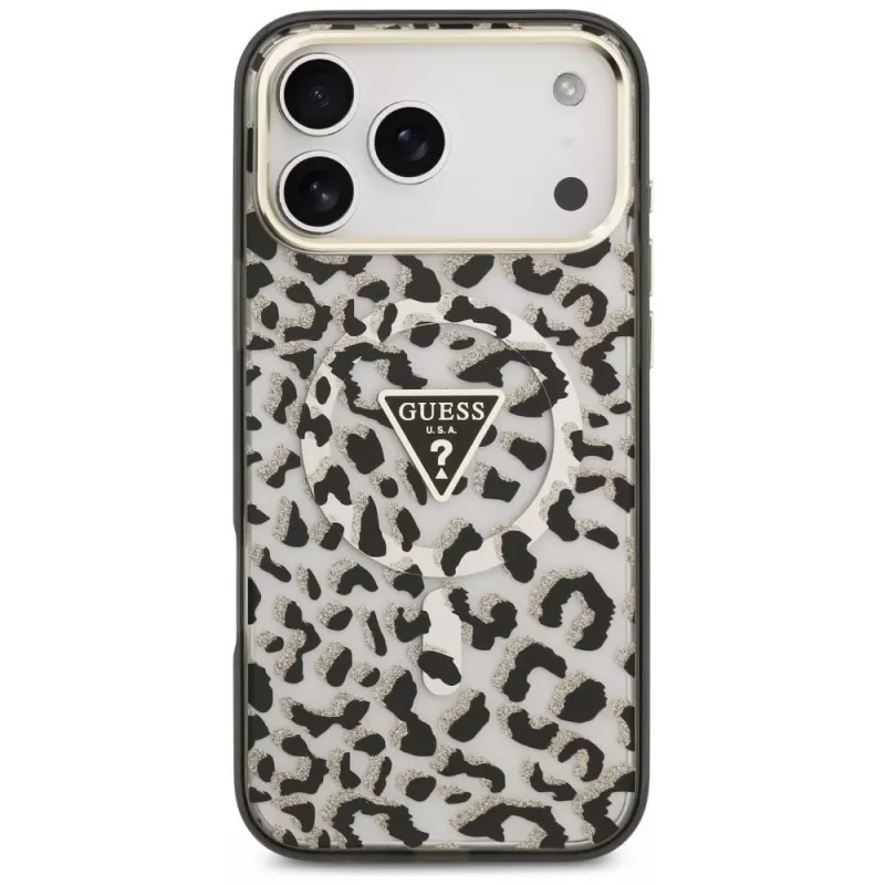 GUESS IML Leopard Glitter Triangle Logo MagSafe puzdro pre iPhone 18 Pro Max / 17 Pro Max - čierna