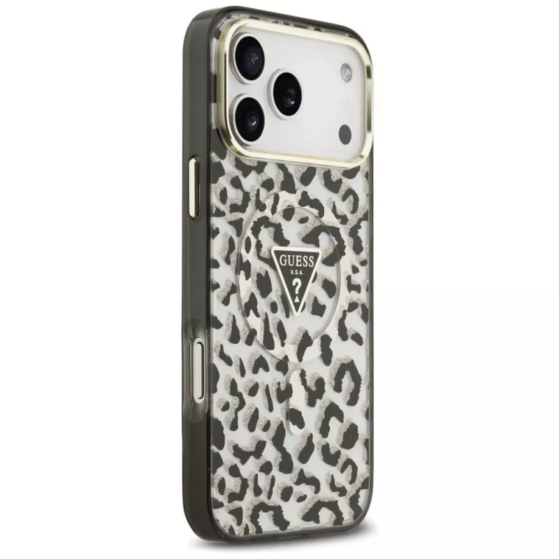 GUESS IML Leopard Glitter Triangle Logo MagSafe puzdro pre iPhone 18 Pro Max / 17 Pro Max - čierna