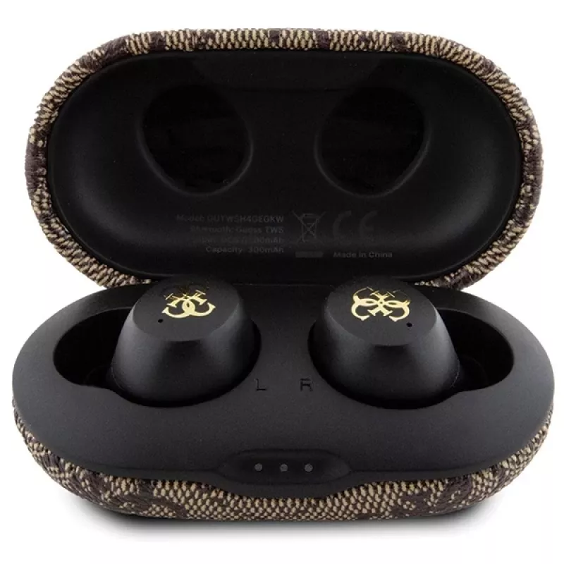 Guess GUTWSP4EGW True Wireless slúchadlá s nabíjacím puzdrom, Bluetooth 5.3, ENC, hnedá 4G Metal