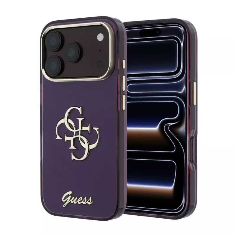 GUESS 4G Script Metal ochranné puzdro na zadnú stranu pre Apple iPhone 18 Pro / 17 Pro - burgundská