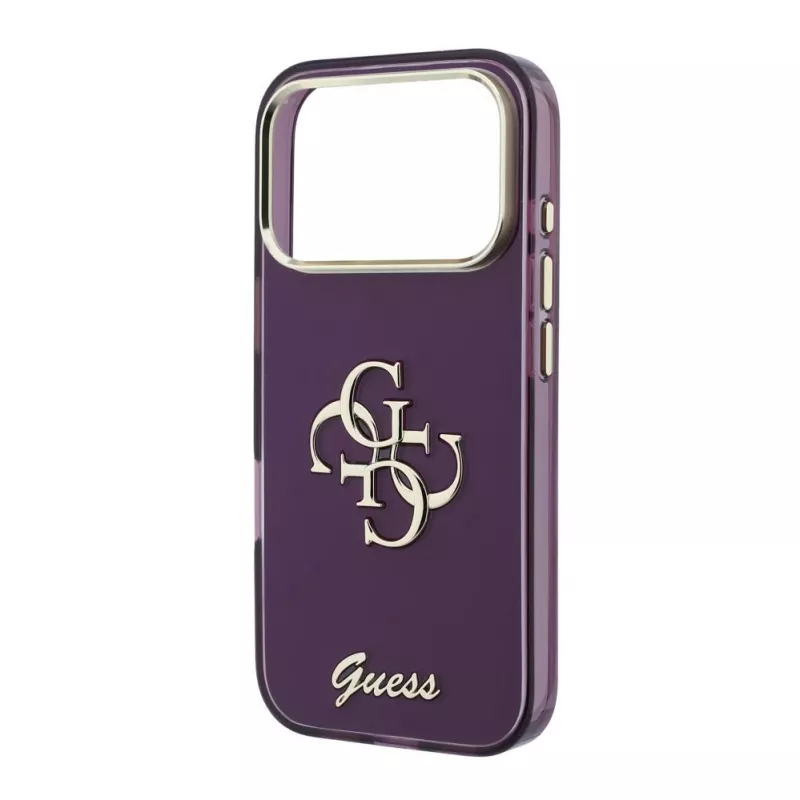 GUESS 4G Script Metal ochranné puzdro na zadnú stranu pre Apple iPhone 18 Pro / 17 Pro - burgundská