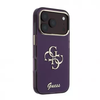 GUESS 4G Script Metal ochranné puzdro na zadnú stranu pre Apple iPhone 18 Pro / 17 Pro - burgundská