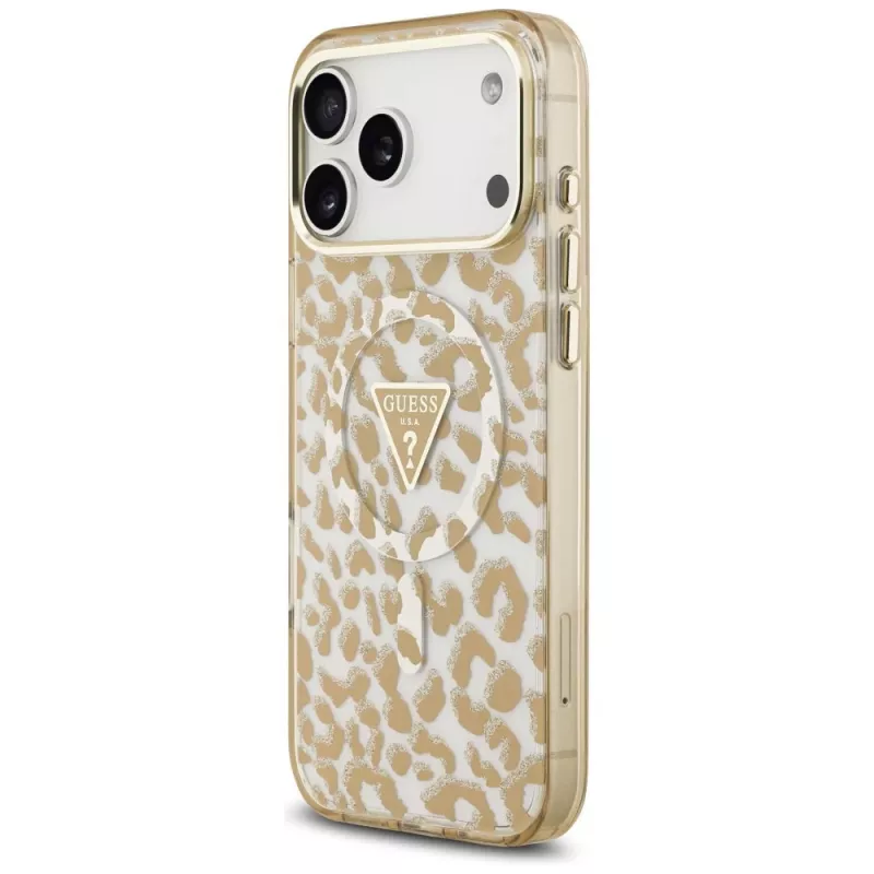 GUESS IML Leopard Glitter Triangle Logo MagSafe puzdro pre iPhone 18 Pro Max / 17 Pro Max - hnedá