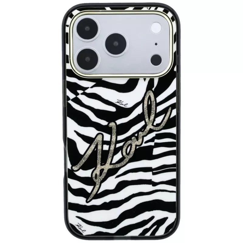Karl Lagerfeld IML Signature Zebra Glitter MagSafe puzdro pre iPhone 18 Pro / 17 Pro - zlatá