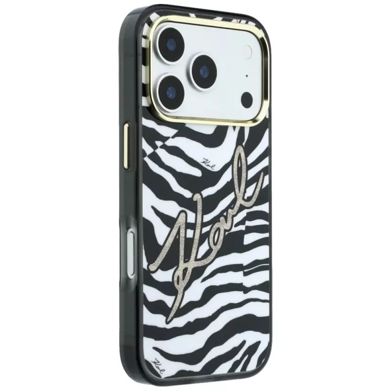 Karl Lagerfeld IML Signature Zebra Glitter MagSafe puzdro pre iPhone 18 Pro / 17 Pro - zlatá