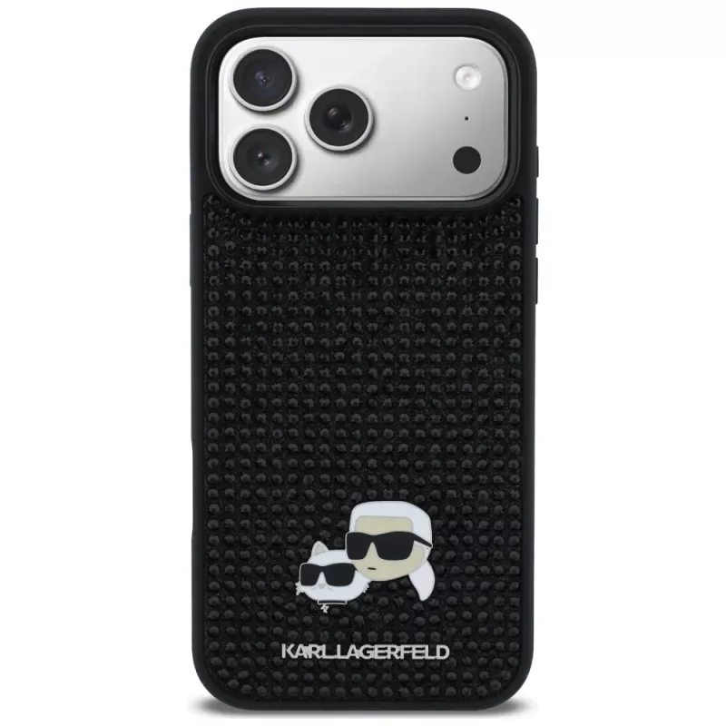Karl Lagerfeld Rhinestones Karl & Choupette Pin puzdro pre iPhone 17 Pro Max - čierna