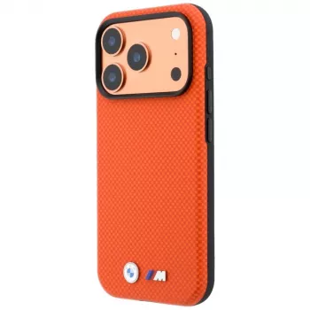 BMW M Quadrille Kevlar MagSafe puzdro pre iPhone 17 Pro Max / 18 Pro Max – oranžová s kovovým logom