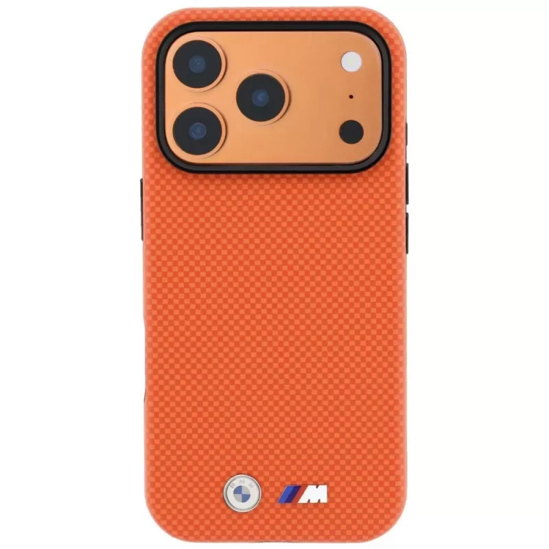 BMW M Quadrille Kevlar MagSafe puzdro pre iPhone 17 Pro Max / 18 Pro Max – oranžová s kovovým logom