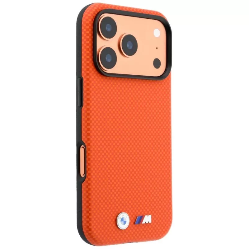 BMW M Quadrille Kevlar MagSafe puzdro pre iPhone 17 Pro Max / 18 Pro Max – oranžová s kovovým logom