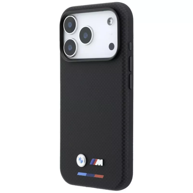 BMW M Quadrille Kevlar MagSafe puzdro pre iPhone 18 Pro Max / 17 Pro Max - čierna s trikolórou a kovovým logom