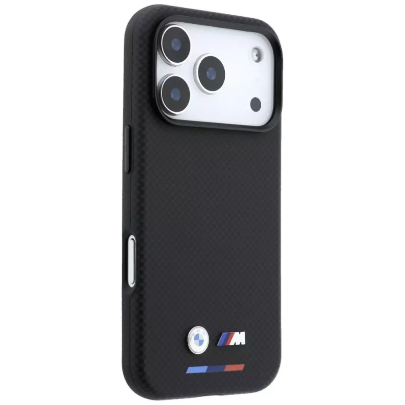 BMW M Quadrille Kevlar MagSafe puzdro pre iPhone 18 Pro Max / 17 Pro Max - čierna s trikolórou a kovovým logom
