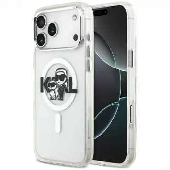 Karl Lagerfeld IML Glitter Karl & Choupette Sketch Logo MagSafe puzdro pre iPhone 17 Pro Max, transparentná