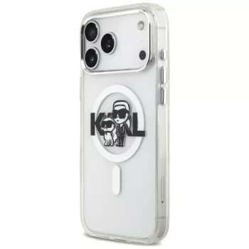 Karl Lagerfeld IML Glitter Karl & Choupette Sketch Logo MagSafe puzdro pre iPhone 17 Pro Max, transparentná