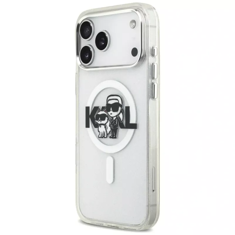 Karl Lagerfeld IML Glitter Karl & Choupette Sketch Logo MagSafe puzdro pre iPhone 17 Pro Max, transparentná
