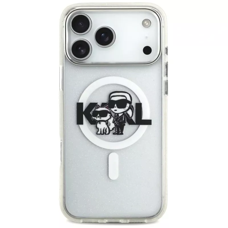 Karl Lagerfeld IML Glitter Karl & Choupette Sketch Logo MagSafe puzdro pre iPhone 17 Pro Max, transparentná