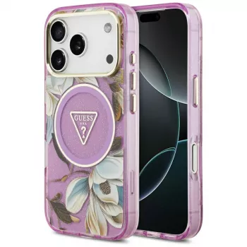 GUESS IML Glitter Flowers Triangle MagSafe puzdro pre iPhone 18 Pro / 17 Pro - fialová