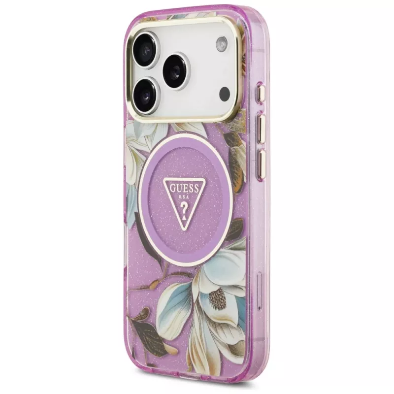 GUESS IML Glitter Flowers Triangle MagSafe puzdro pre iPhone 18 Pro / 17 Pro - fialová