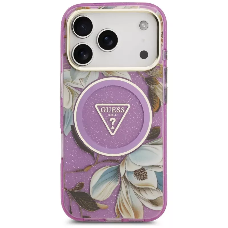 GUESS IML Glitter Flowers Triangle MagSafe puzdro pre iPhone 18 Pro / 17 Pro - fialová