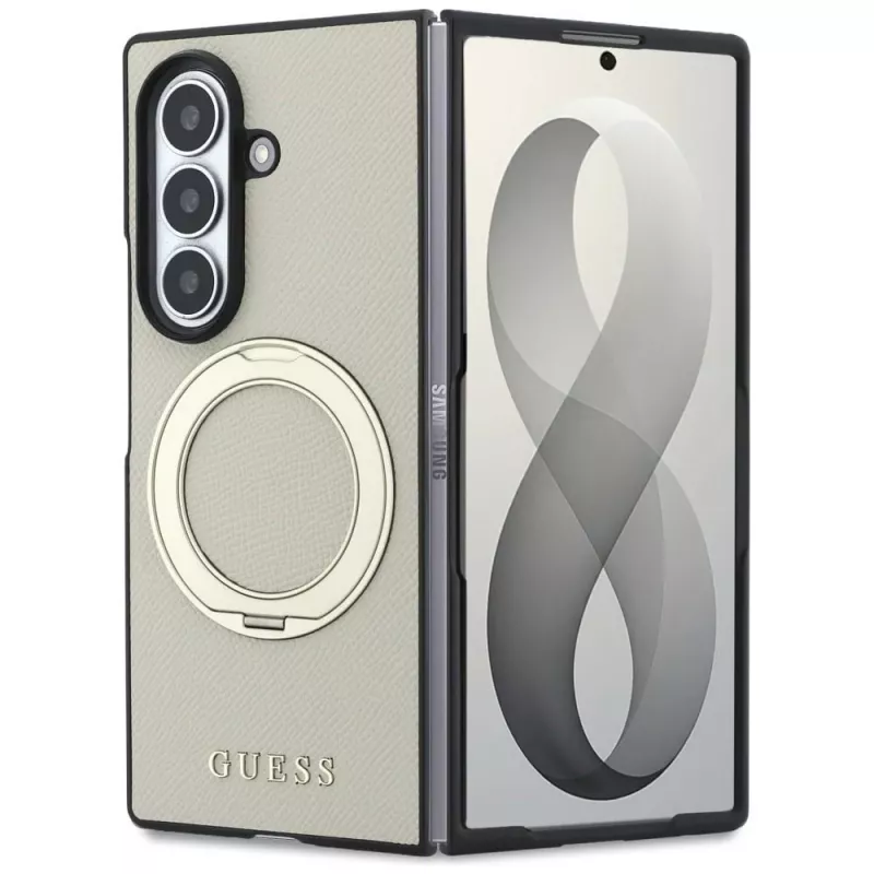 Guess Magnetic Ring Stand Grained Classic Logo MagSafe puzdro pre Samsung Galaxy Z Fold 8 Ultra (béžová)