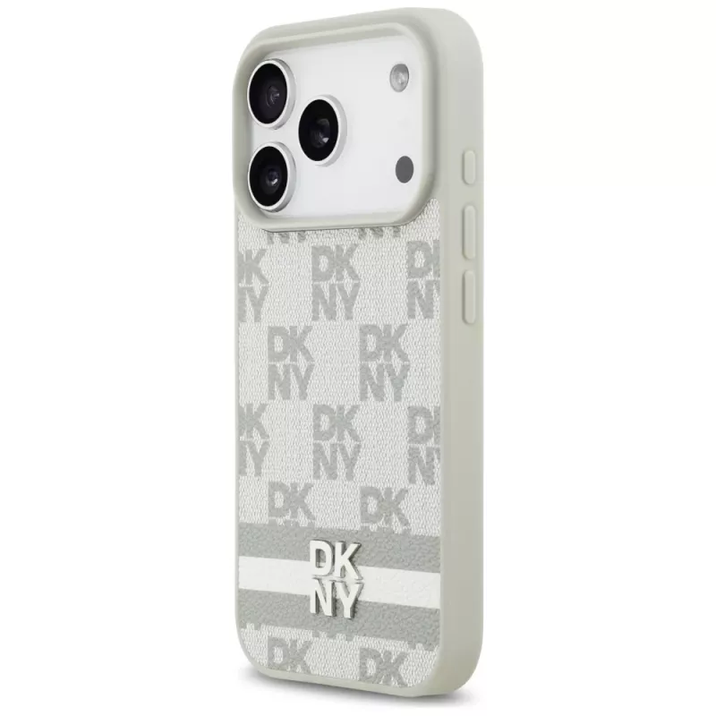 DKNY károvaný vzor s potlačenými pruhmi puzdro pre iPhone 17 Pro - béžové