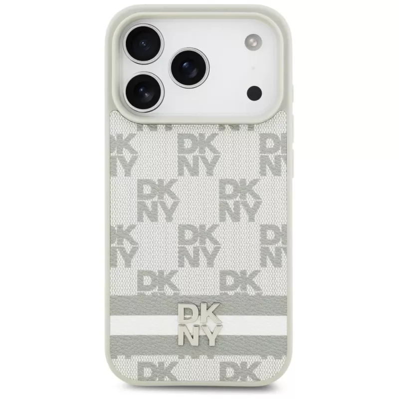 DKNY károvaný vzor s potlačenými pruhmi puzdro pre iPhone 17 Pro - béžové