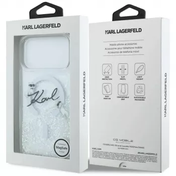 Karl Lagerfeld Liquid Glitter Karl Script Logo MagSafe puzdro pre iPhone 17 Pro transparentné