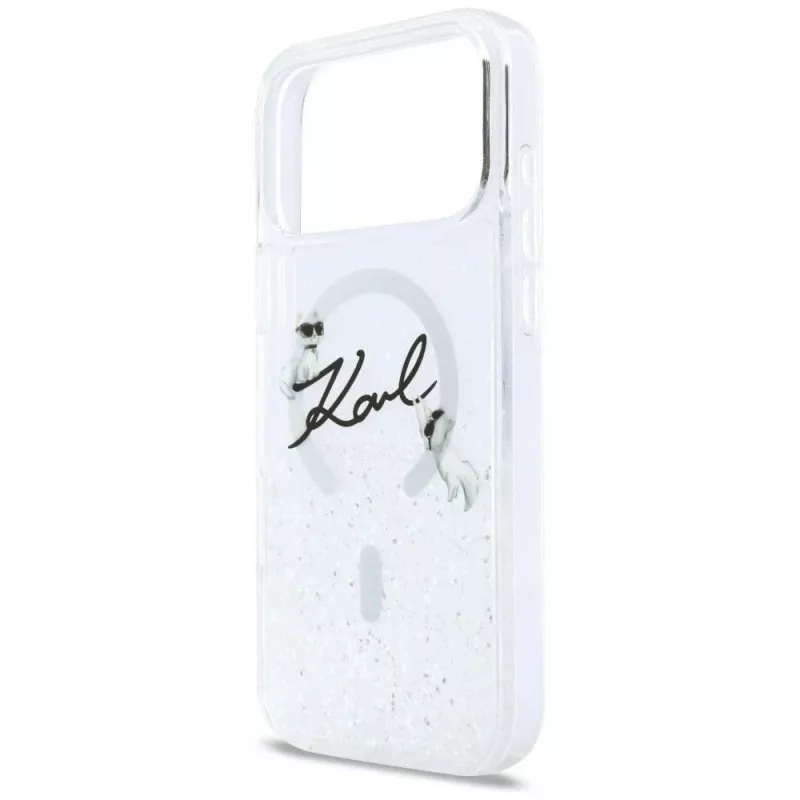 Karl Lagerfeld Liquid Glitter Karl Script Logo MagSafe puzdro pre iPhone 17 Pro transparentné
