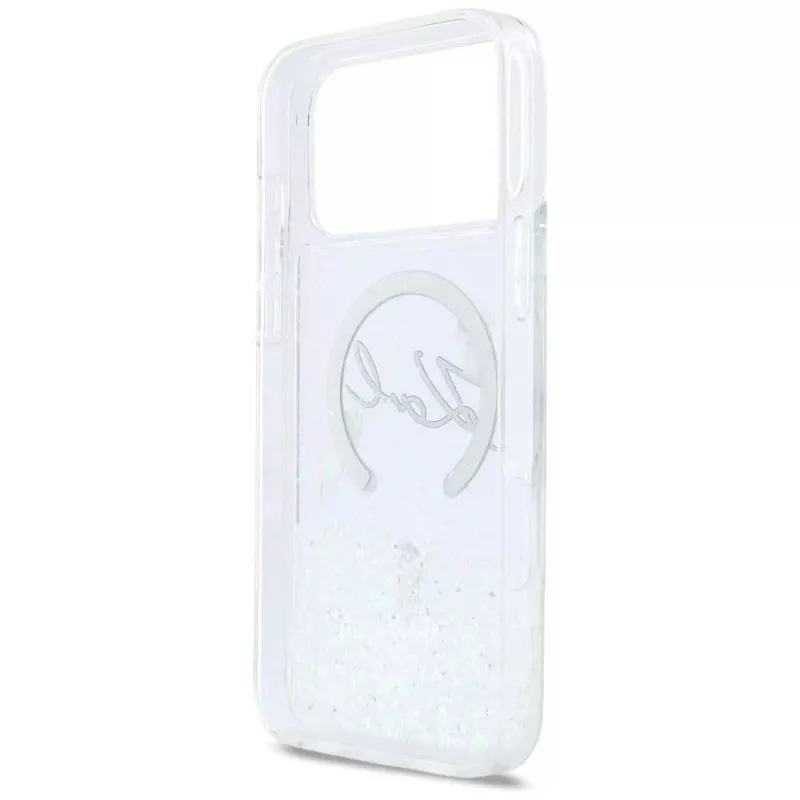 Karl Lagerfeld Liquid Glitter Karl Script Logo MagSafe puzdro pre iPhone 17 Pro transparentné