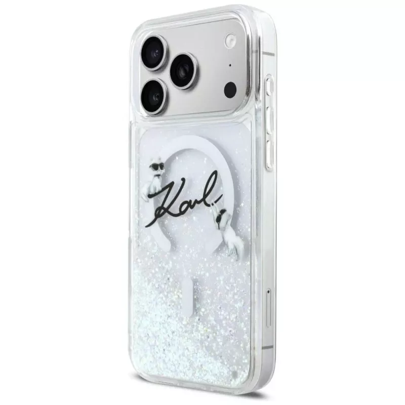 Karl Lagerfeld Liquid Glitter Karl Script Logo MagSafe puzdro pre iPhone 17 Pro transparentné