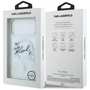 Karl Lagerfeld Liquid Glitter Karl Script Logo MagSafe puzdro pre iPhone 17 Pro Max, transparentné