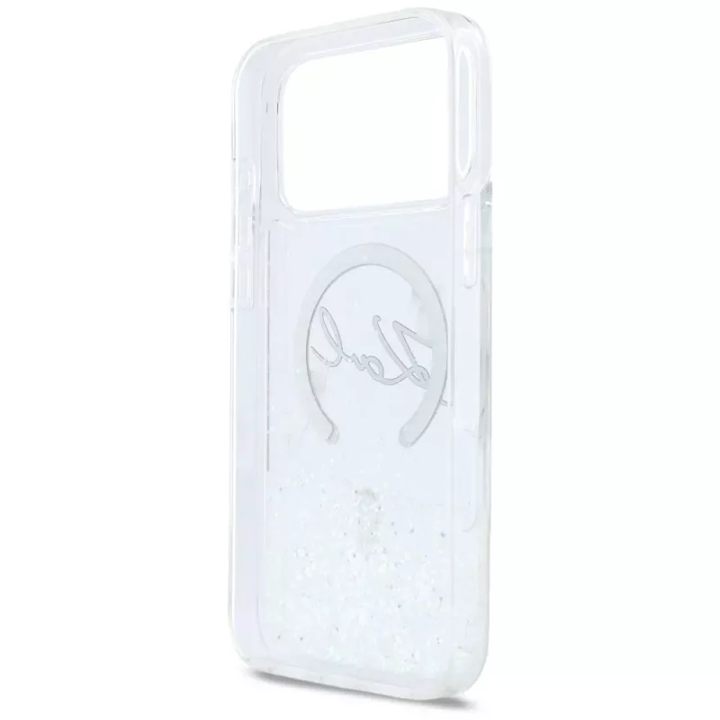 Karl Lagerfeld Liquid Glitter Karl Script Logo MagSafe puzdro pre iPhone 17 Pro Max, transparentné