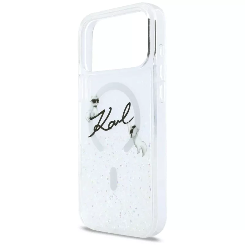 Karl Lagerfeld Liquid Glitter Karl Script Logo MagSafe puzdro pre iPhone 17 Pro Max, transparentné