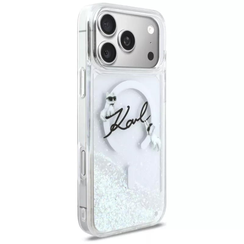 Karl Lagerfeld Liquid Glitter Karl Script Logo MagSafe puzdro pre iPhone 17 Pro Max, transparentné
